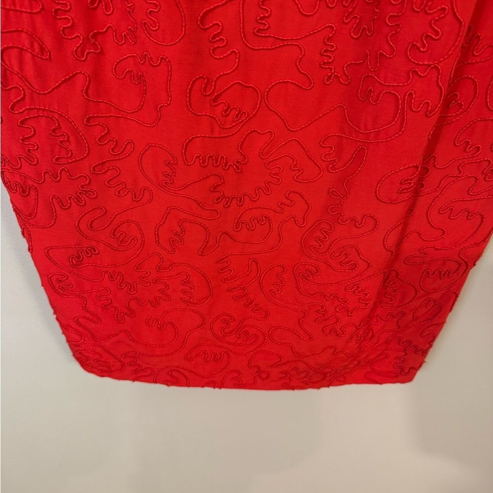 Carmen Marc Valvo Red Textured Midi Dress squiggles artsy - Picture 3 of 10
